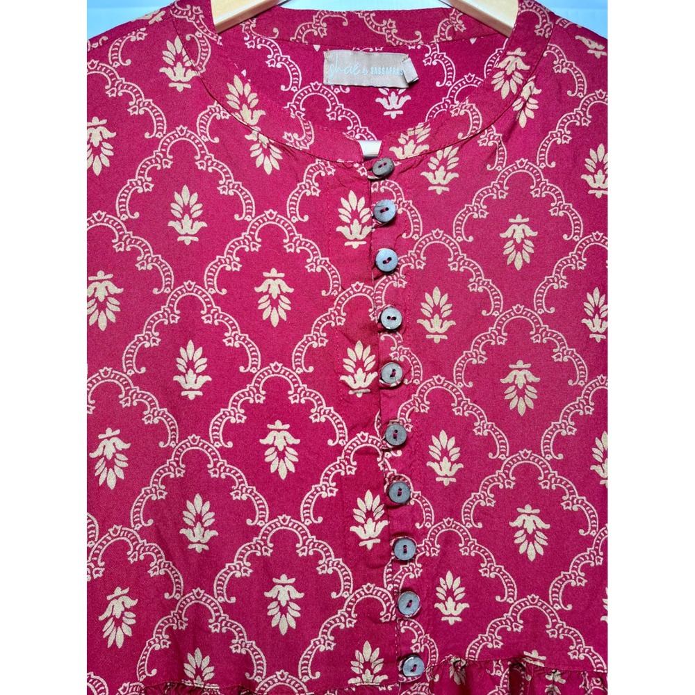 Shae by Sassafras Large Boho Peplum Blouse Red Gold Block Print Rayon Button Top - Picture 9 of 10